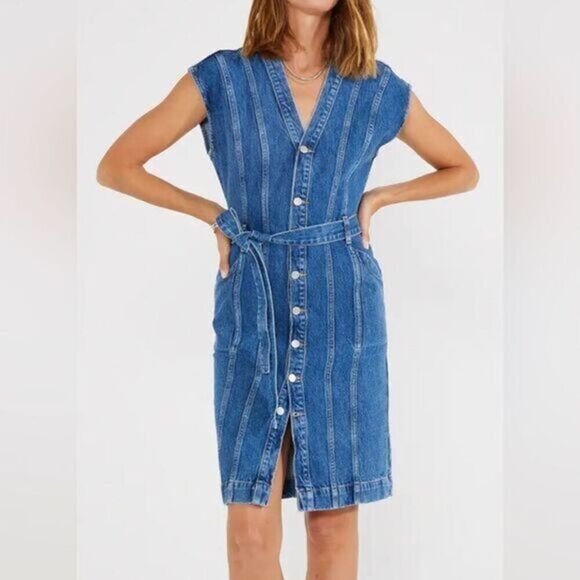 NWT ETICA Women’s Issa Blue Demin Button Down Dress Cap Sleeve - Size Small - Picture 1 of 7